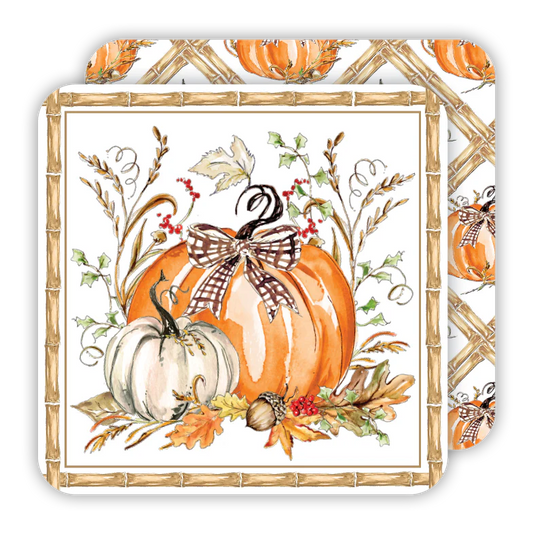 Square Coaster - Hand painted Orange and White Pumpkin