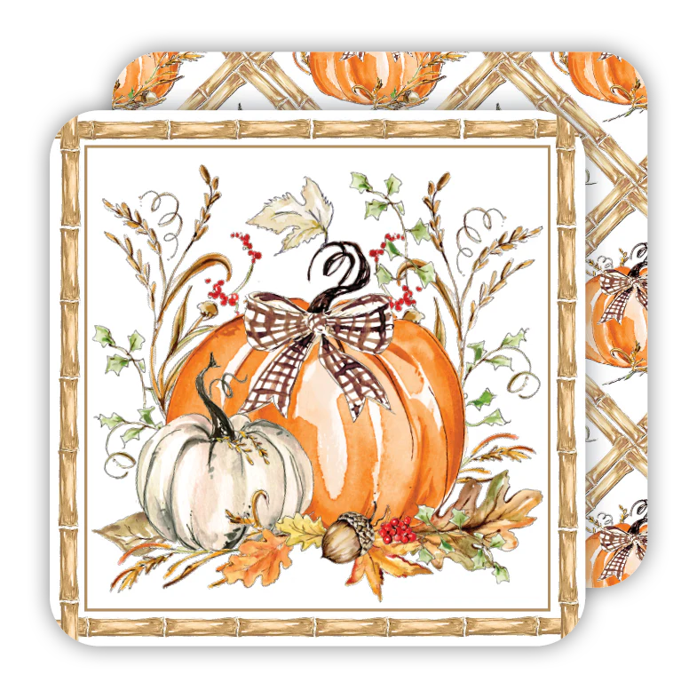 Square Coaster - Hand painted Orange and White Pumpkin