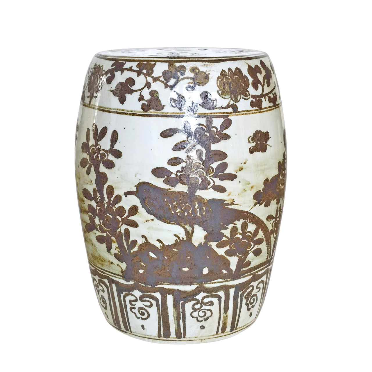 Rustic Brown Flower Bird Porcelain Garden Stool