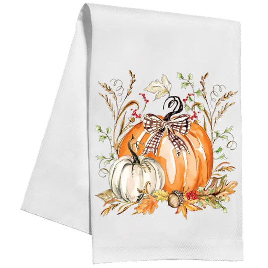 Orange & White Pumpkins Fall Foliage Tea Towel