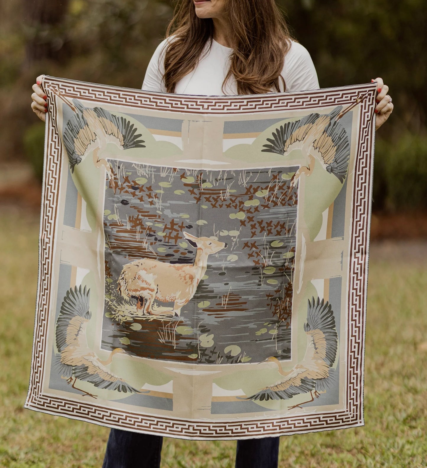 Slate Lily Pad Doe - Double-Sided Silk Scarf