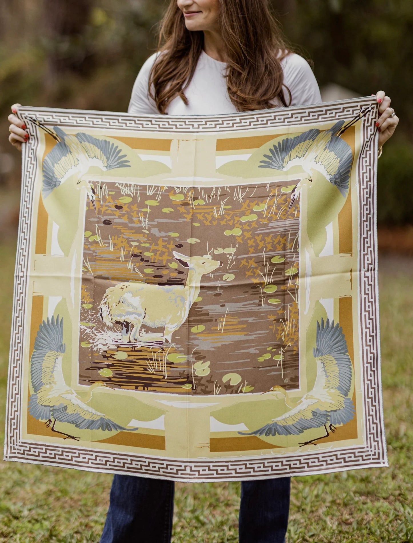 Brown Lily Pad Doe - Double-Sided Silk Scarf