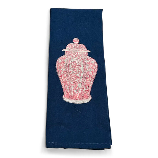 Ginger Jar Pink On Navy Tea Towel