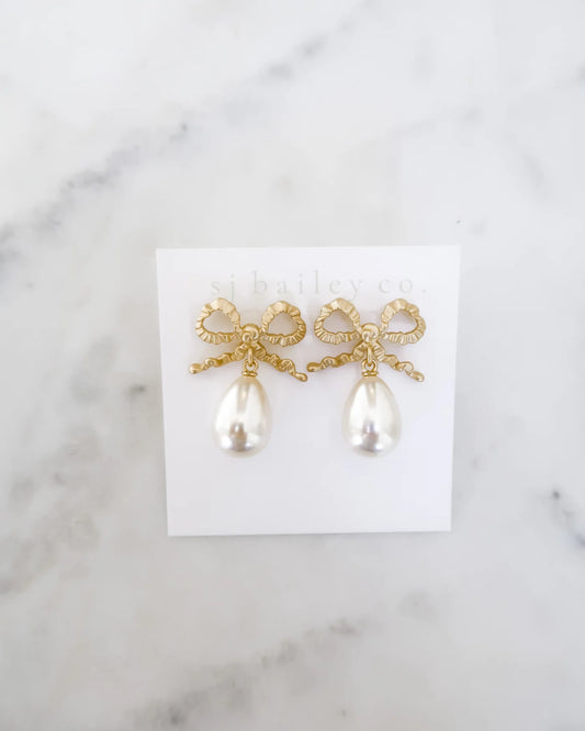 Golden Bow and Pearl Drop Earrings