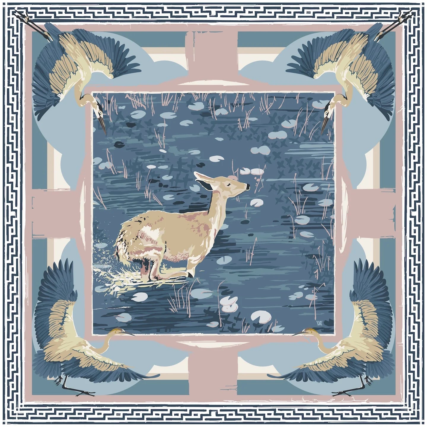 Blue Lily Pad Doe - Double-Sided Silk Scarf