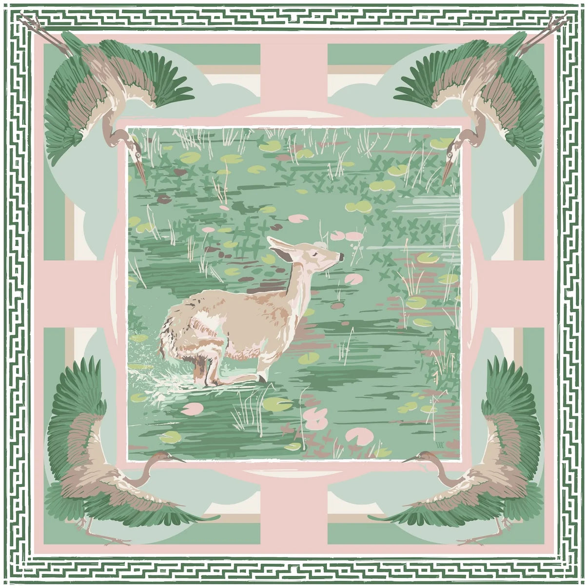Green Pink Lily Pad Doe - Double-Sided Silk Scarf 25x25