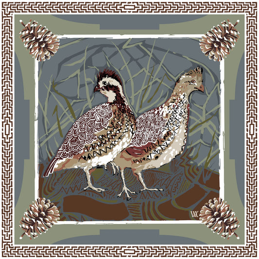 Slate Quail Pair Silk Scarf