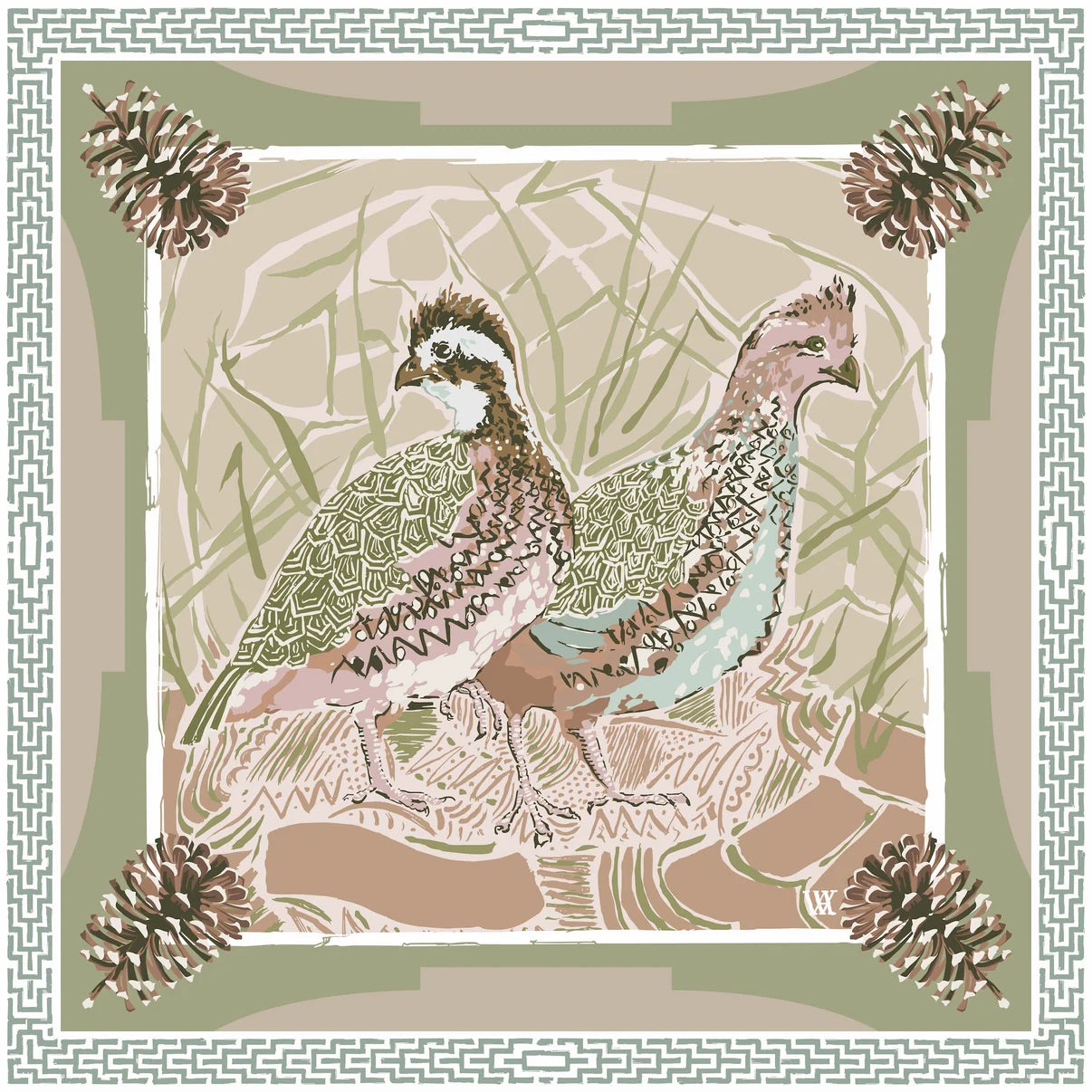 Pink Quail Pair Silk Scarf - 25x25