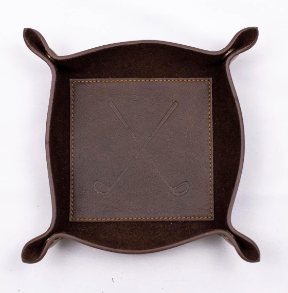 Golf Dark Brown Leather Embossed Valet Tray