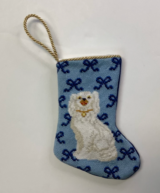 White Staffordshire Dog Blue Stocking