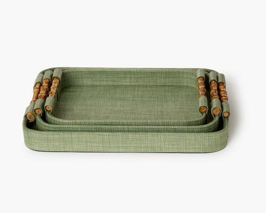 Green Faux Seagrass Decorative Tray with Bamboo Handles