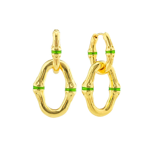 Gold/Green Enamel Bamboo Link Earrings