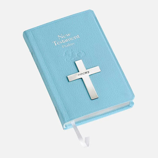 Blue Leather Bible w/ Sterling Silver Cross