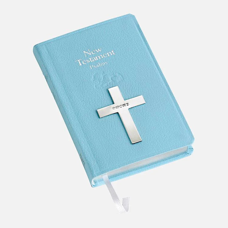 Blue Leather Bible w/ Sterling Silver Cross