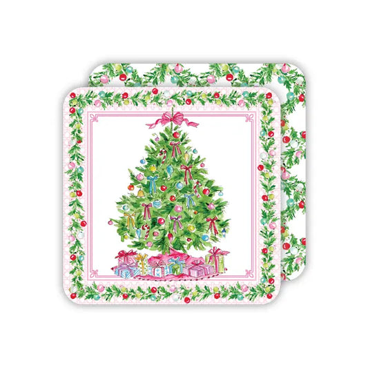 Square Coaster Pink Christmas Tree with Gifts