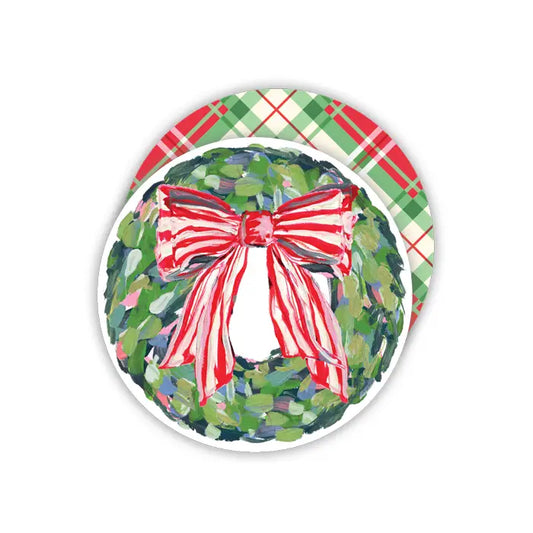 Wreath with Red and White Striped Bow Round Coaster