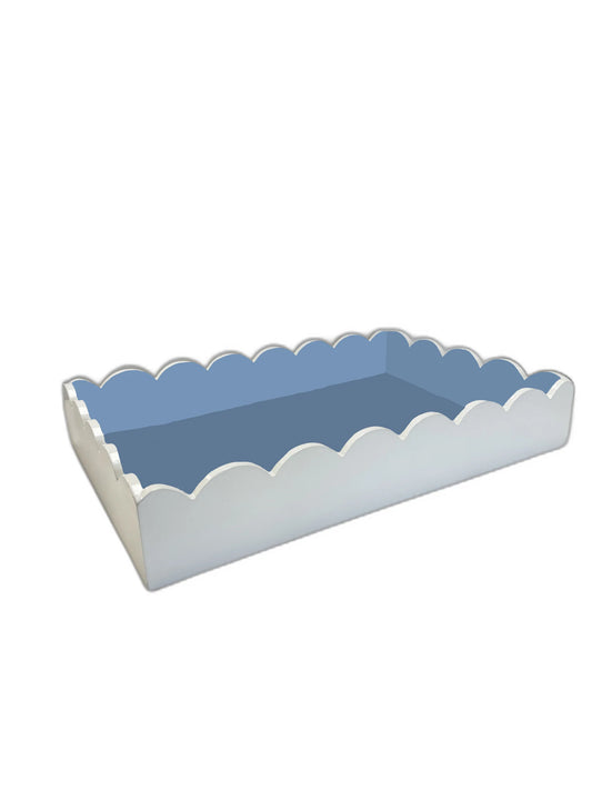 White + Cornflower Blue Scalloped Lacquer Tray