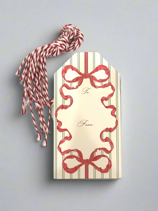 Holiday Red Bow on Green Stripe Gift Tag