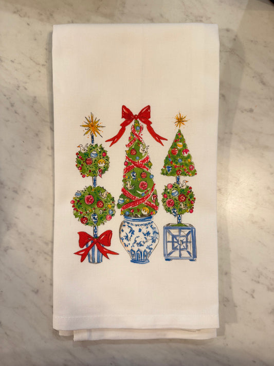 Merry and Bright Holiday Topiaries Tea Towel