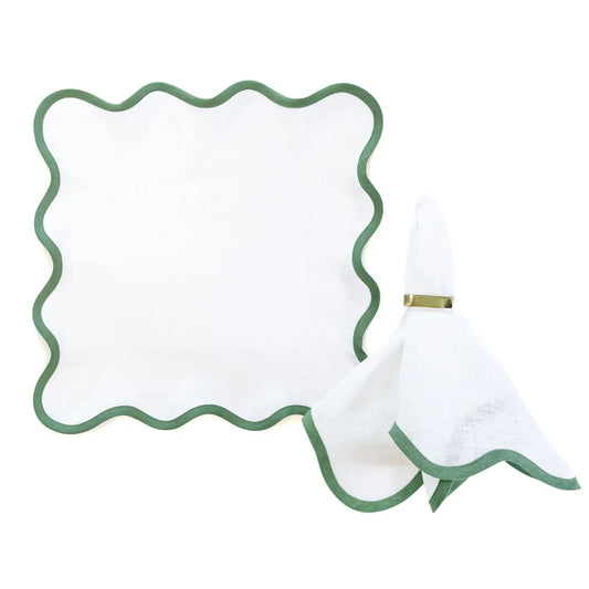 White & Green Trim Napkin S/4