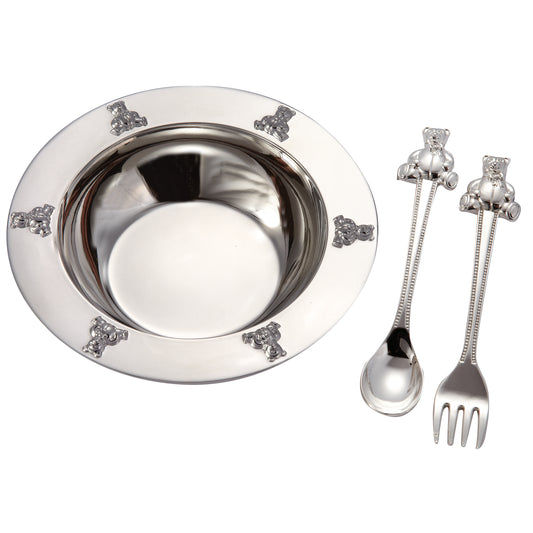 Silver bowl w/ spoon & fork