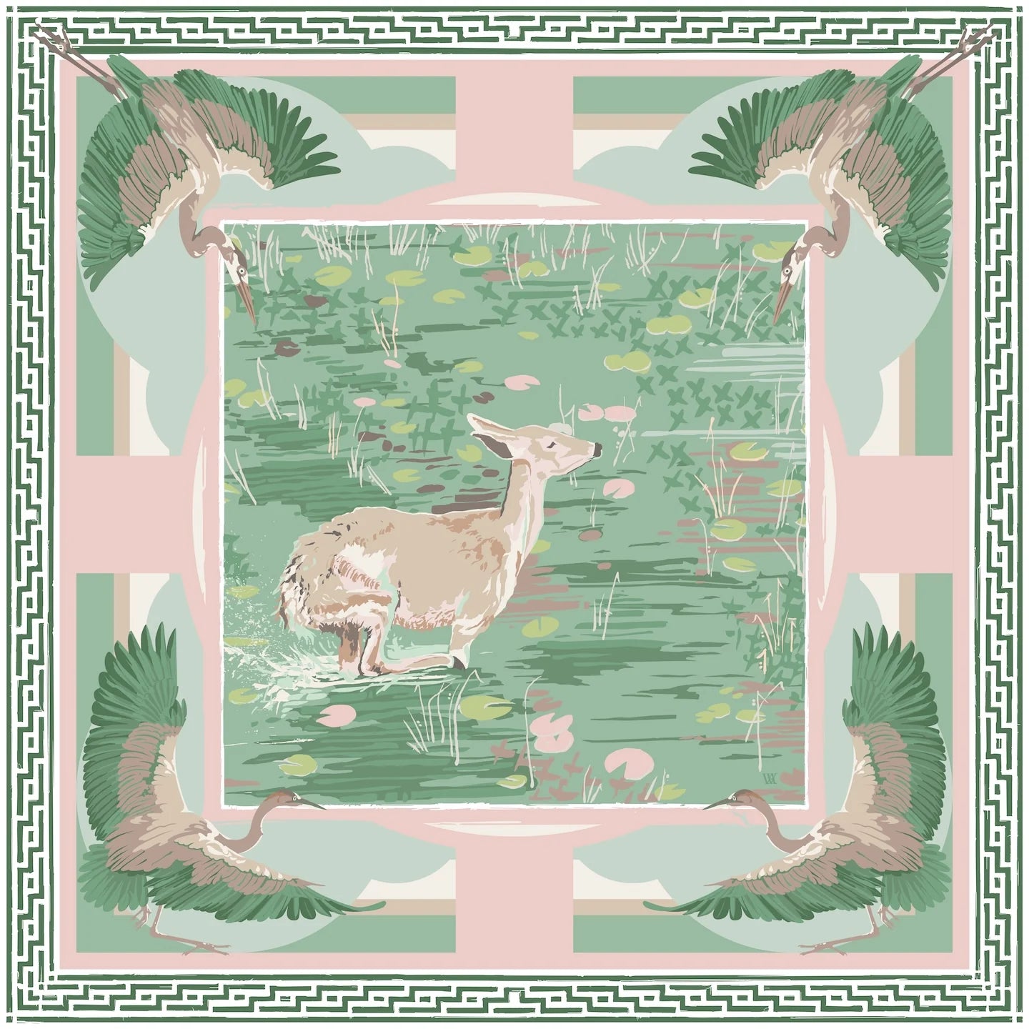 Green Pink Lily Pad Doe - Double-Sided Silk Scarf