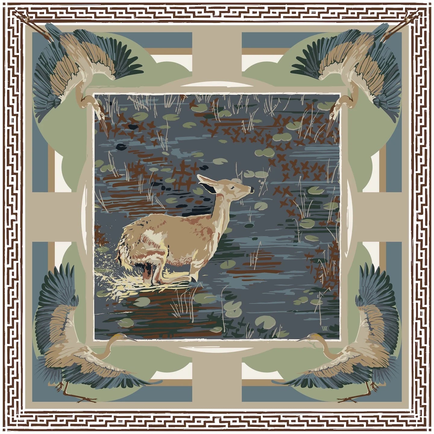 Slate Lily Pad Doe - Double-Sided Silk Scarf