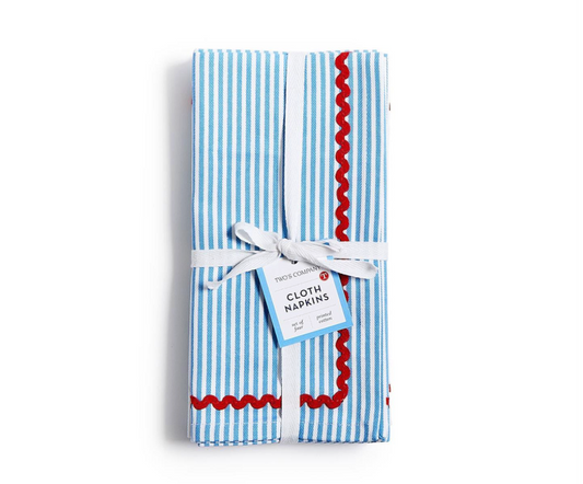 Blue Stripe w/Red Ric Rac Trim Cloth Napkins s/4