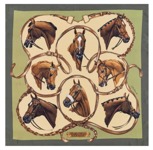 Bridled Horses Green/ Olive Silk Scarf
