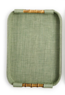 Green Faux Seagrass Decorative Tray with Bamboo Handles