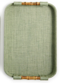 Green Faux Seagrass Decorative Tray with Bamboo Handles