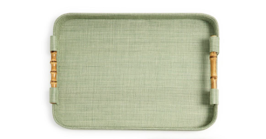 Green Faux Seagrass Decorative Tray with Bamboo Handles