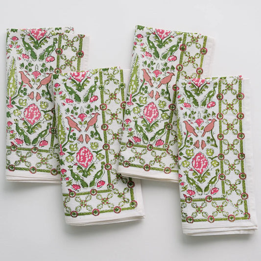 Pink and Green Dove & Cypress Napkin S/4