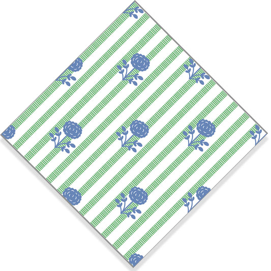 Green + Blue Floral Stripe Cocktail Napkins